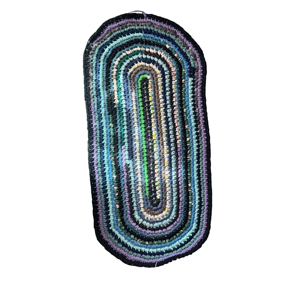 Handmade Boho Braided Scrap Fabric Rag Rug Blue Green Purple 41x20 Oval Mat